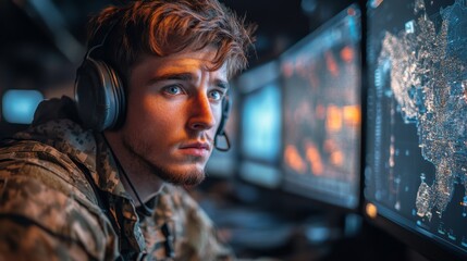 Fototapeta premium A young soldier focuses on several computer screens filled with data and maps, engaged in a crucial task at a military monitoring station during the night.