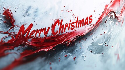 Vibrant red brushstrokes painting "Merry Christmas" across a snowy canvas, with dynamic splashes and drips, giving an artistic holiday impression