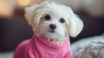 A small puppy in a pink sweater with large dark eyes looks very cute and gentle, sitting against a cozy interior backdrop