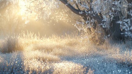 A tranquil meadow is bathed in soft morning light, revealing a magical scene where frosted grass glimmers. Nearby trees gently frame the landscape, enhancing the serene winter atmosphere.