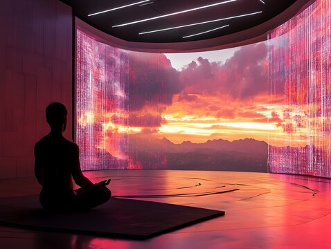 Silhouetted figure meditating in transhuman digital consciousness retreat landscape