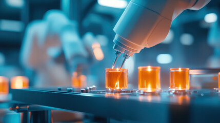 Automated robotic arms in factory setting are efficiently assembling products with precision. vibrant orange containers highlight advanced technology in use