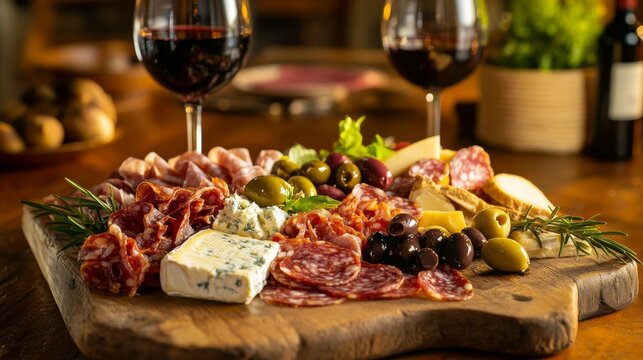 A beautifully arranged antipasto platter with cured meats, olives, cheeses