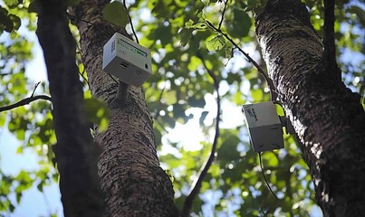 Fototapeta premium Two devices attached to tree branches.