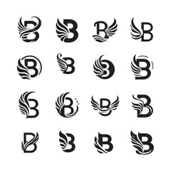 Alphabet Letter B with Wing Shape Silhouette Logo Icon Vector Set