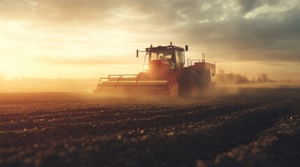 A modern seeding machine operating in a vast, misty field at dawn