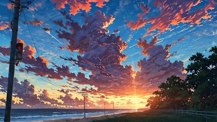 A lofi-style digital artwork of a road running parallel to the beach at sunset, with dramatic clouds and a glowing horizon, creating a nostalgic and peaceful feeling.
 - Powered by Adobe
