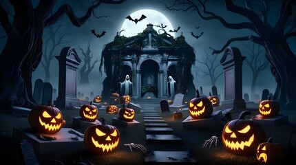 Moonlit Terror - A Spooky Halloween Cemetery in the Dead of Night
