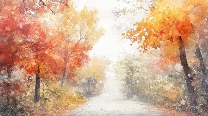 Autumn pathway Digital watercolor illustration capturing the essence of the season and its natural beauty