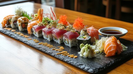 A beautifully arranged sushi platter with various types of sushi and sashimi, served on a black slate, Sushi platter centered