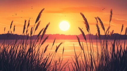 Autumn sunset illustration featuring reeds by the lakeside during the white dew solar term