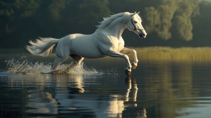 An elegant white horse gallops gracefully on water creating a mystical scene with its reflection Stunning 3D render of a majestic stallion