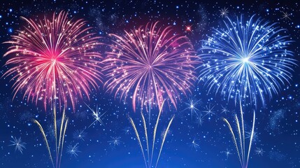 Vibrant fireworks for the new year illuminate a dark blue sky sparkling with stars and dynamic light effects