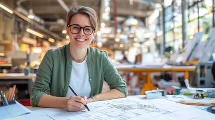 Creative Female architect designing on blueprint in modern office environment