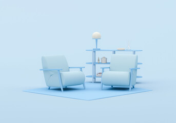 Minimal armchair, carpet, home decor and shelf book on pastel blue background. 3d rendering, store and bedroom concept	