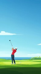 A golfer swinging his club on a pristine green course, with the ball flying toward the distant flag