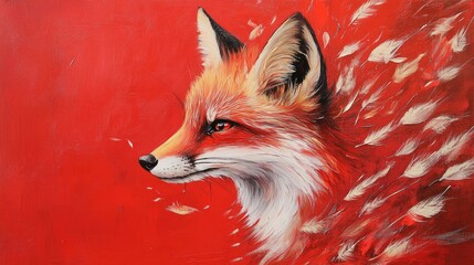 Fototapeta premium Fox portrait featuring feathers against a vibrant red background perfect for wildlife and nature enthusiasts