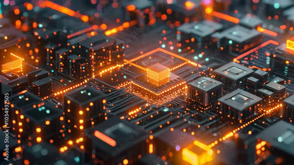 Poster close up of a computer circuit board, cluster of quantum computing nodes with glowing edges