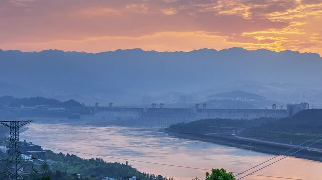 time lapse of the three gorges dam at dusk, the largest water control project in the world, Yichang city, Hubei province, China