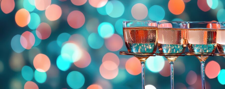 Elegant tower of sparkling champagne glasses illuminated by vibrant party lights at a festive celebration.