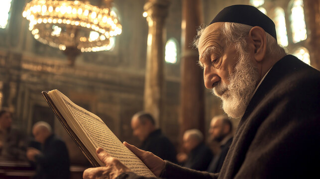 Elderly rabbi deep in thoughtful prayer in ornate synagogue setting