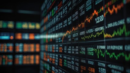A close-up view of a stock market ticker displaying financial data, numbers, and charts with green and red lines.