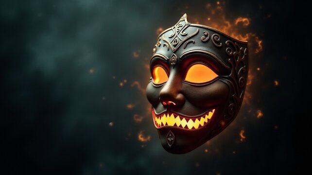 Fiery mask with glowing eyes and sinister smile against dark background
