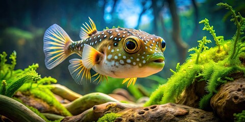 Obraz premium Dwarf Pufferfish in a Lush Freshwater Planted Aquarium with Dramatic Roots and Vibrant Moss for Aquascaping Enthusiasts and Fish Lovers