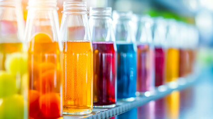 A vibrant display of beverages in various colors is arranged in clear glass bottles. The shelves shine under bright lighting, showcasing a range of flavors and options