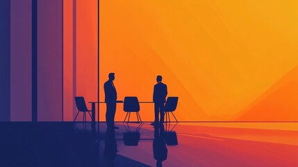 Fototapeta premium Business Executives Discussing Strategy in Sleek Glass-Walled Office with Futuristic Backdrop