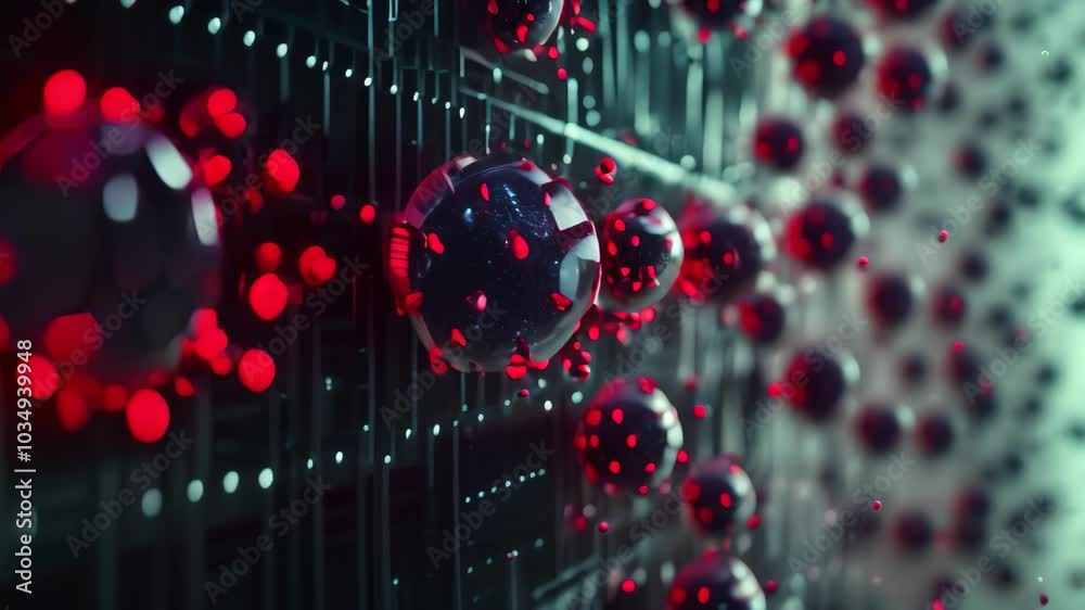 Poster a computer screen displaying a collection of red and blue balls, conceptual video of computer virus 