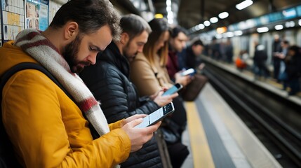 Man using his phone while waiting on a train platform