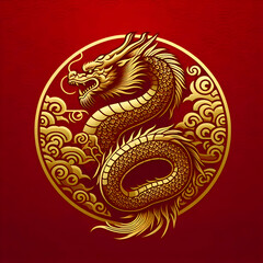 Obraz premium Golden Dragon of Fortune: A majestic golden dragon with intricate details spirals around a radiant sun within a circular frame, a powerful symbol of prosperity and luck in Chinese culture.