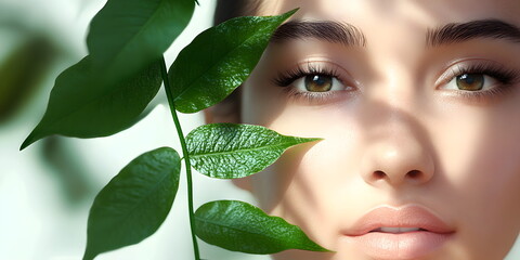 Natural cosmetics. Woman with perfect skin surrounded by green leaves. Natural beauty, gifts of nature. Organic ingredients for skin care. .Cosmetology banner