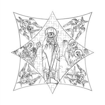 recommend clip art: John of Shanghai and San Francisco (name english). Cross dome with 4 apostles, angels and seraphim. Coloring page in Byzantine style
