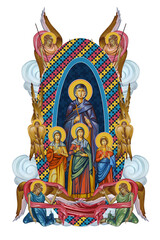 Fototapeta premium Holy Martyrs Faith, Hope, Love and their mother Sophia. Illustration with angels and seraphim in heaven in Byzantine style