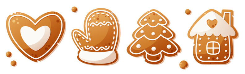 A large set of gingerbread cookies of different shapes. Gingerbread house, Christmas tree, mitten, heart. Christmas gingerbread, New Year cookies decorated with white icing.