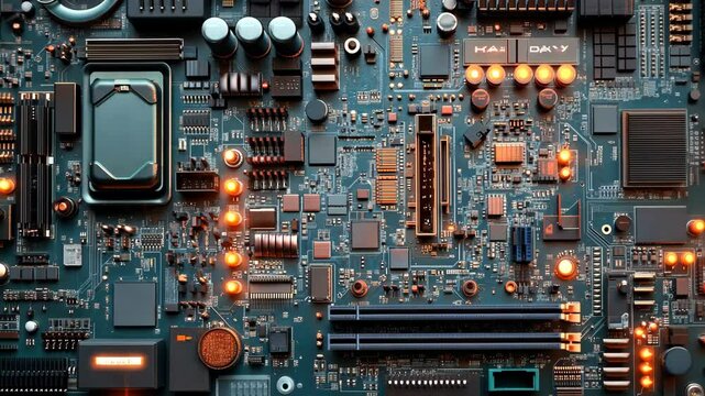 A close-up view of a computer motherboard with orange lights illuminating the circuit board