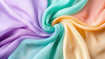 Vibrant long flowing chiffon fabric dances gracefully in the wind, showcasing a spectrum of colors in motion.