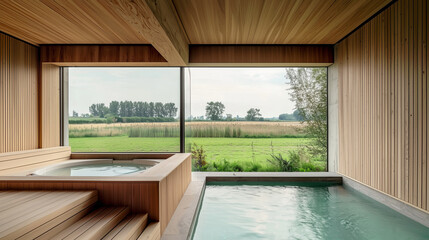Fototapeta premium Indoor spa with wooden interior and swimming pool overlooking scenic countryside