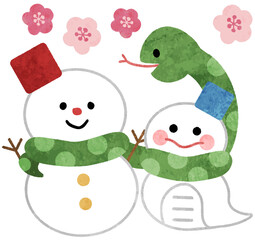 巳年　かわいい雪だるまと蛇の年賀状アイコンイラスト