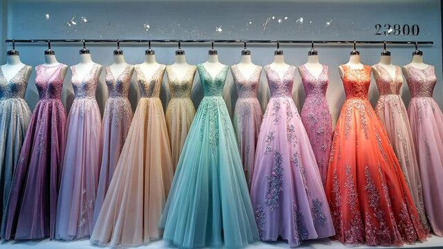 A row of colorful dresses hangs in a store window, ready for a special occasion