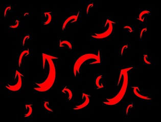 Beautiful print with arrows. Many red arrows of different sizes on a black background. Background of arrows isolated on a black background.