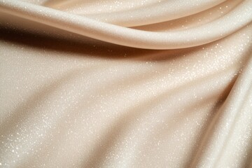 Beige satin fabric is flowing with silver glitter