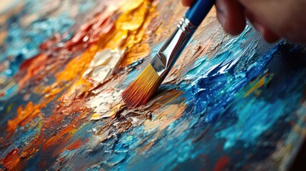 Obraz premium Close-up of a paintbrush on canvas. This image depicts the process of creating art, featuring vibrant colors and textured brushstrokes.