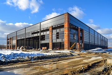 Obraz premium Modern Industrial Building Under Construction with Clear Blue Sky