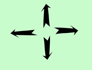 Four black arrows isolated on a green background pointing in different directions to the right and left up and down.