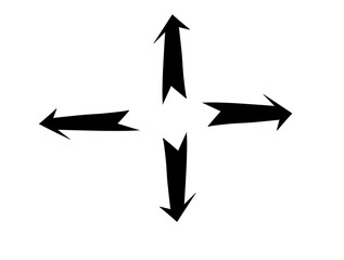 Four black arrows isolated on a white background pointing in different directions to the right and left up and down.
