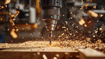 Close-up of a drill bit cutting wood. This image shows the power and precision of a drill, perfect for illustrating construction or DIY projects.