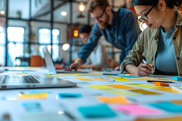 Obraz premium Collaborative Brainstorming Session with Colorful Sticky Notes and Laptops